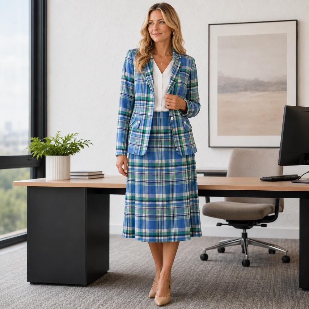 Vintage Joyce Sportswear Blue Green‎ Plaid Skirt Suit Set Blazer Skirt Size 10